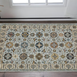 3' X 5' Blue Beige Grey Green Yellow And Rust Oriental Power Loom Stain Resistant Area Rug With Fringe