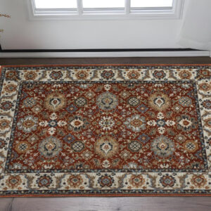 2' X 3' Red Blue Ivory Gold And Navy Oriental Power Loom Stain Resistant Area Rug With Fringe