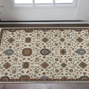 2' X 3' Ivory Grey Rust Red Gold And Shades Of Blue Oriental Power Loom Stain Resistant Area Rug With Fringe