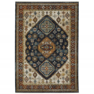 5' X 8' Blue Red Beige Orange Gold And Tan Oriental Power Loom Stain Resistant Area Rug With Fringe
