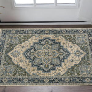 2' X 3' Blue Grey Beige Tan Green And Gold Oriental Power Loom Stain Resistant Area Rug With Fringe