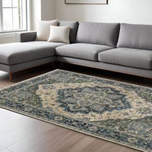 8' X 11' Blue And Beige Oriental Area Rug With Fringe
