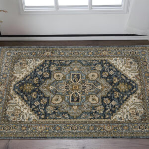 2' X 3' Blue Taupe Grey Green Rust Tan Beige And Gold Oriental Power Loom Stain Resistant Area Rug With Fringe