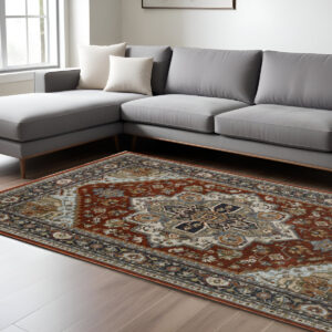 7' X 10' Red And Blue Oriental Area Rug With Fringe