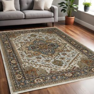 5' X 8' Ivory And Blue Oriental Area Rug With Fringe