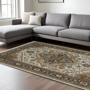 8' X 11' Ivory And Blue Oriental Area Rug With Fringe