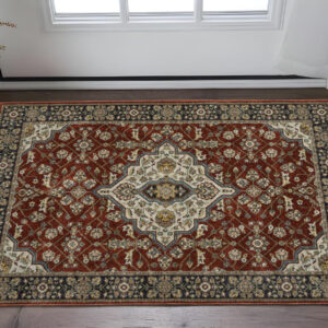 3' X 5' Red And Ivory Oriental Area Rug With Fringe