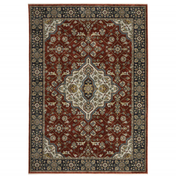 5' X 8' Red Ivory Blue Navy Gold And Grey Oriental Power Loom Stain Resistant Area Rug With Fringe