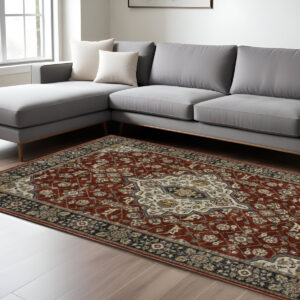 7' X 10' Red And Blue Oriental Area Rug With Fringe