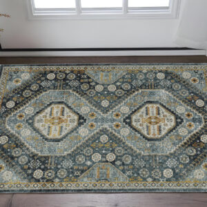 2' X 3' Light Blue Navy Gold Ivory And Grey Oriental Power Loom Stain Resistant Area Rug With Fringe