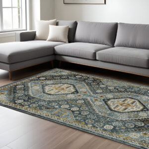8' X 11' Blue And Gold Oriental Area Rug With Fringe