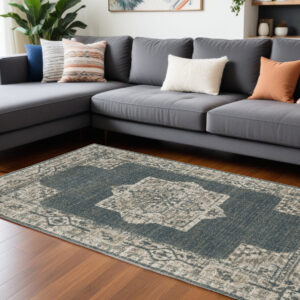8' X 11' Blue and Beige Oriental Power Loom Area Rug