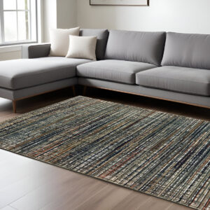 7' X 10' Black And Navy Blue Abstract Area Rug