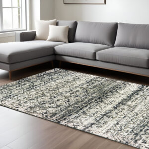 7' X 10' Gray And Ivory Geometric Distressed Area Rug