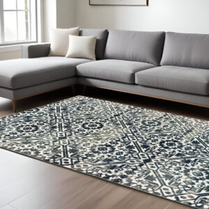 8' X 11' Navy Blue And Ivory Geometric Distressed Area Rug