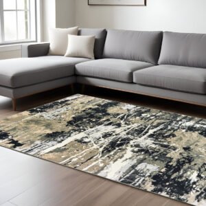 8' X 11' Black And Gold Abstract Area Rug