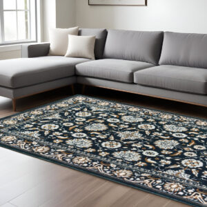 8' X 11' Navy Blue And Gold Oriental Area Rug