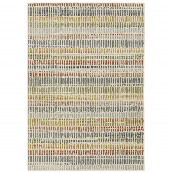 5' X 7' Ivory Blue Green Red And Gold Geometric Power Loom Stain Resistant Area Rug