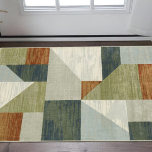 3' X 5' Grey Teal Blue Rust Green And Ivory Geometric Power Loom Stain Resistant Area Rug