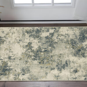 3' X 5' Beige Teal Grey And Gold Abstract Power Loom Stain Resistant Area Rug