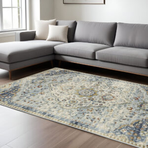 7' X 9' Blue And Beige Oriental Distressed Area Rug