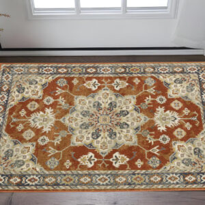 3' X 5' Rust Beige Teal Blue And Gold Oriental Power Loom Stain Resistant Area Rug