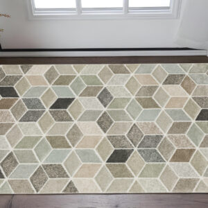 3' X 5' Beige Brown Grey Tan Sage And Pale Blue Geometric Power Loom Stain Resistant Area Rug