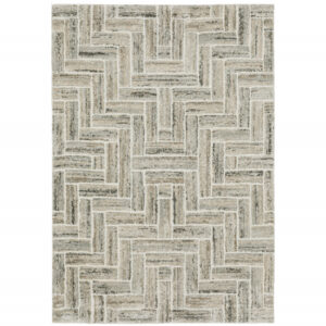 10' X 13' Ivory Beige Grey Brown Pale Blue And Charcoal Geometric Power Loom Stain Resistant Area Rug