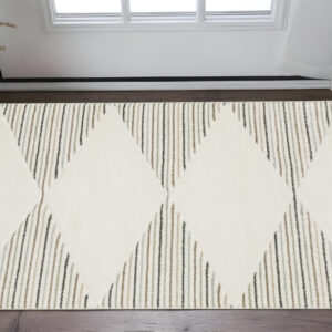 3' X 5' Beige Grey Sage Green Pale Blue Brown And Charcoal Geometric Power Loom Stain Resistant Area Rug