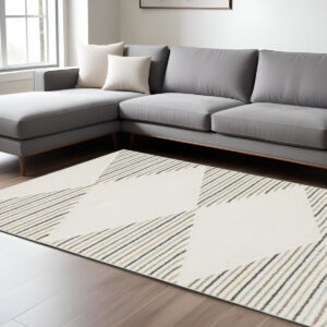 6' X 9' Beige Grey Sage Green Pale Blue Brown And Charcoal Geometric Power Loom Stain Resistant Area Rug