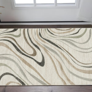 3' X 5' Beige Grey Brown Sage Pale Blue Tan And Charcoal Abstract Power Loom Stain Resistant Area Rug