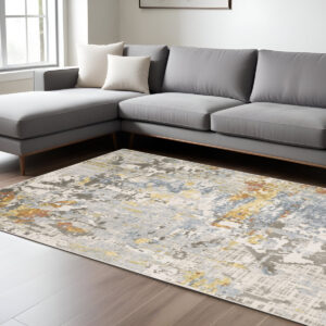 7' X 10' Beige And Blue Abstract Area Rug