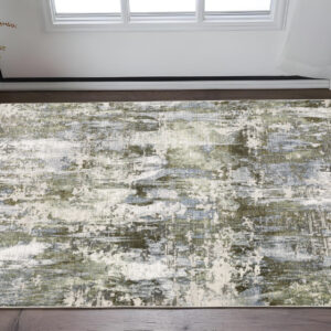 3' X 5' Green Blue Grey Ivory And Brown Abstract Power Loom Stain Resistant Area Rug