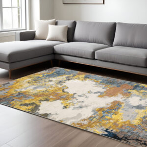8' X 11' Yellow And Blue Abstract Area Rug