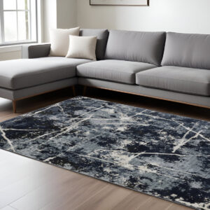 7' X 10' Blue Gray And Black Abstract Area Rug