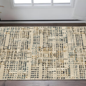 2' X 3' Beige Grey Blues Orange Yellow And Ivory Abstract Power Loom Stain Resistant Area Rug