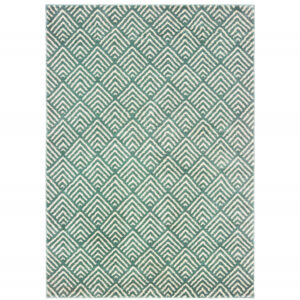7' X 9' Blue And Ivory Geometric Shag Area Rug
