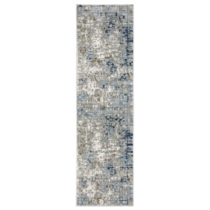 2' X 8' Blue Ivory Grey Brown Beige And Light Blue Abstract Power Loom Stain Resistant Runner Rug