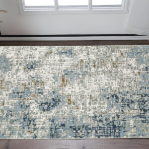 3' X 5' Blue Ivory Grey Brown Beige And Light Blue Abstract Power Loom Stain Resistant Area Rug