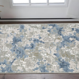 3' X 5' Grey Blue Ivory Navy Beige And Brown Abstract Power Loom Stain Resistant Area Rug