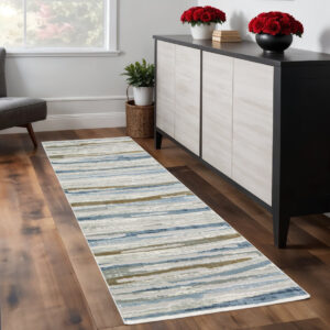 8' Beige And Blue Abstract Runner Rug