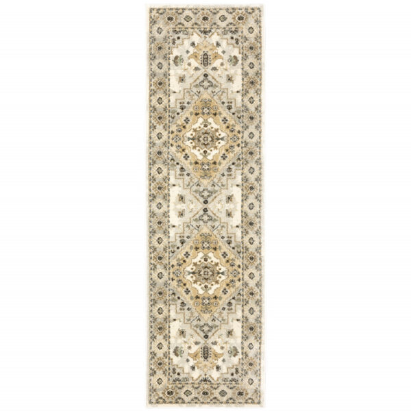 2' X 8' Beige Grey Tan And Brown Oriental Power Loom Stain Resistant Runner Rug - Image 2