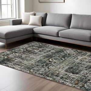 7' X 10' Charcoal Gray And White Oriental Distressed Area Rug