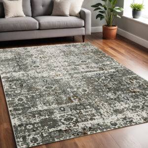 5' X 8' Gray and Ivory Oriental Power Loom Area Rug