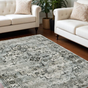 6' X 9' Ivory Grey Charcoal Blue And Taupe Oriental Power Loom Stain Resistant Area Rug