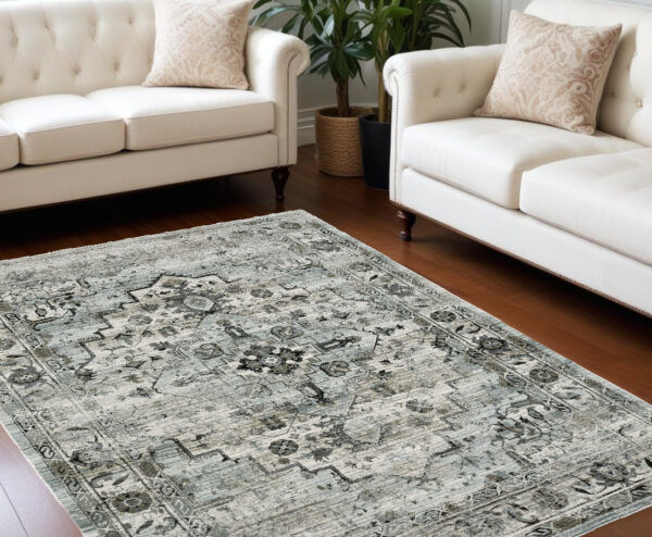 6' X 9' Ivory Grey Charcoal Blue And Taupe Oriental Power Loom Stain Resistant Area Rug