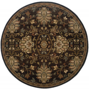 8' Brown Round Oriental Power Loom Stain Resistant Area Rug
