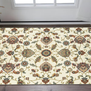 2' X 4' Ivory Green Blue Red Salmon And Yellow Floral Power Loom Stain Resistant Area Rug