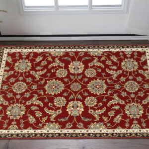 2' X 4' Red Black Blue Ivory Green And Salmon Oriental Power Loom Stain Resistant Area Rug