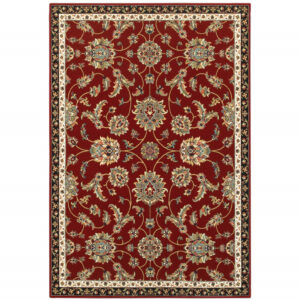 10' X 13' Red Black Blue Ivory Green And Salmon Oriental Power Loom Stain Resistant Area Rug